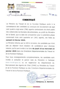 Bénin : concours de recrutement de 796 agents contractuels de droit public des collectivités territoriales décentralisées au profit du Ministère de la Santé, la date de composition annoncée